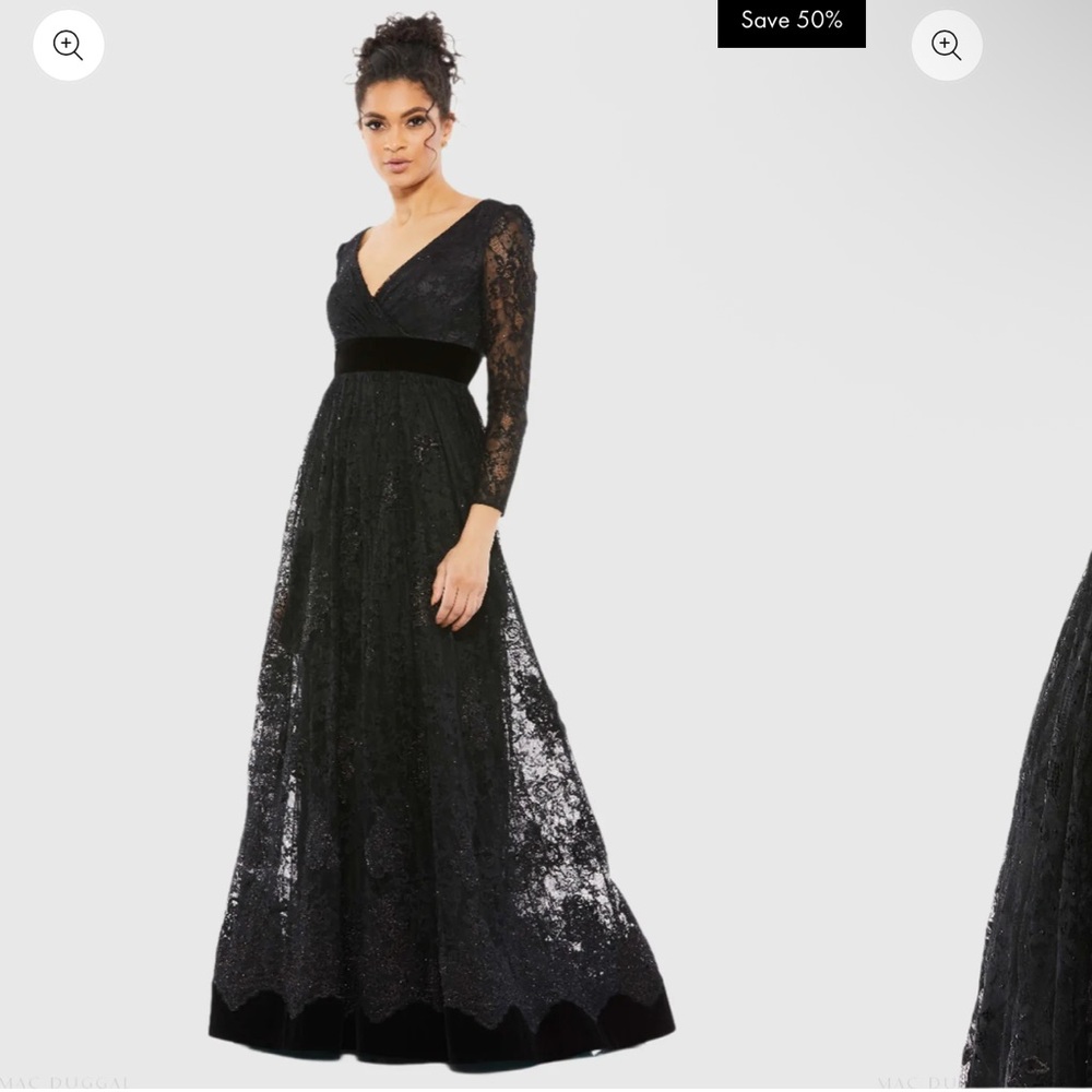 Mac Duggal Black Lace Long Sleeve V-Neck Evening Gown